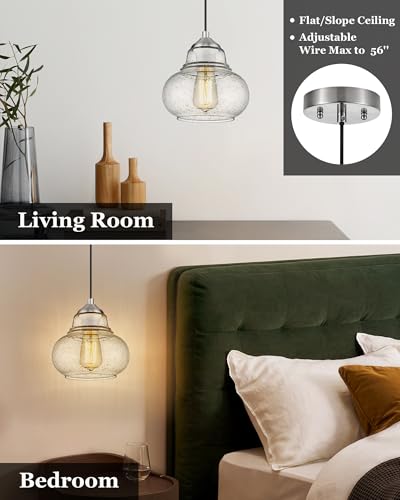 ELYONA 8 Inch Bubble Glass Pendant Light Industrial Kitchen Island Globe Hanging Pendant Light Fxiture Modern Hand Blown Seeded Glass for Farmhouse Dining Room Bar Bedroom Living Room Brushed Nickel - color: Brushed Nickel