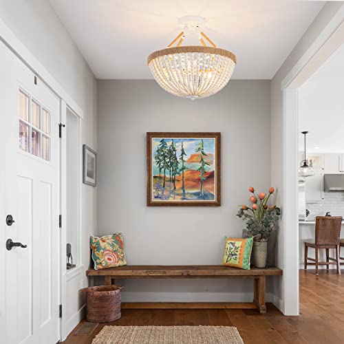 Wood Beaded Mini Chandelier Farmhouse Bohemia Semi Flush Mount Ceiling Light Rustic 3-Light Ceiling Lighting Fixtures for Bedroom Dining Nursery Room Girl Room Hallway, White, Dia 15 Inch