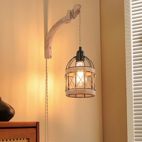 Plug in Wall Sconce,Farmhouse Wicker Wall Lamp Plug in,Hand Woven Rattan Wall Light Farmhouse Rustic Boho Sconces Wall Lighting for Living Room Bedroom - color: Birdcage, size: 1 PACK