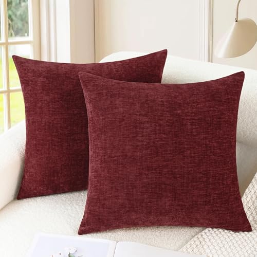 CaliTime Christmas Throw Pillow Covers Decorative 16 X 16 Inches Pack of 2 Cozy Chenille Cushion Cases for Couch Sofa Bed Living Room Home Burgundy - color: Burgundy, size: 16" x 16" (Pack of 2)