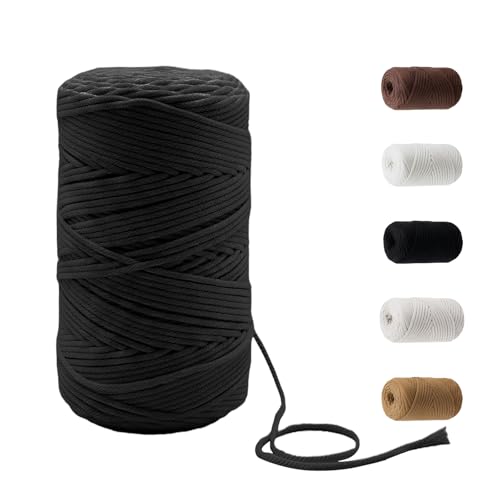 109 Yards Macrame Cord 4 Strand Twisted Recycled Cotton 4mm Black String for Crafts Wall Hangings Plant Hangers DIY Knitting Macrame Supplies - color: Black, size: 4mmx109Yards