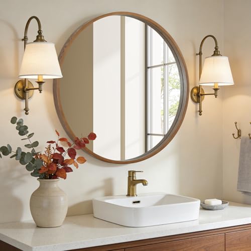 WallBeyond Round Wood Mirror, 36" Round Modern Decoration Large Circle Wall Mirror for Bathroom Living Room Bedroom Entryway, Walnut - color: Walnut, size: 36"L x 36"W