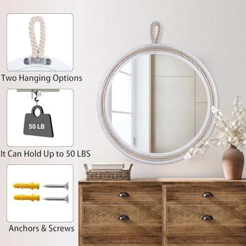 Nautical Round Wall Mirror with Rope 20'' White Circle Hanging Mirror Nursery Coastal Beachy Wall Mirror Decorative Mirror for Bathroom,Livingroom,Entryway-Nautical Theme Décor - size: 20"L x 20"W