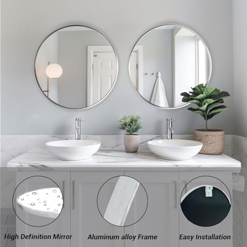 Sunniry Silver Circle Mirror, Round Mirror 20 inch, Round Wall Mirrors with Brushed Aluminum Frame, Circle Mirrors for Living Room, Bathroom, Wall, Hallway. - color: Silver, size: 20"L x 20"W