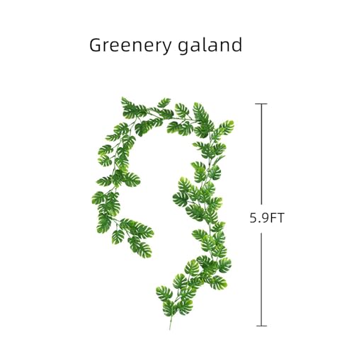 GBESTWOOW 2PCS Artificial Monstera Greenery Plant Fake Turtle Leaves Garland Wreath Fake Vines Table Runner for Wedding Arch Home Party Mantle Decor - size: 71 inch