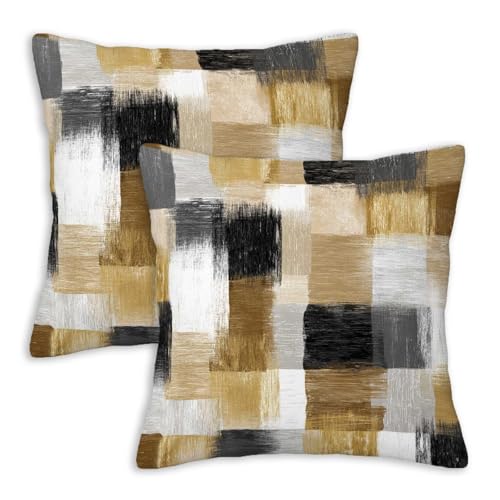 Black Gold Abstract Throw Pillow Covers 18x18 Inch, Set of 2 | Modern Geometric Brush Stroke Square Cushion Cases for Couch Sofa Bedroom | Contemporary Neutral Home Decor Pillowcases - color: Gingham Gold