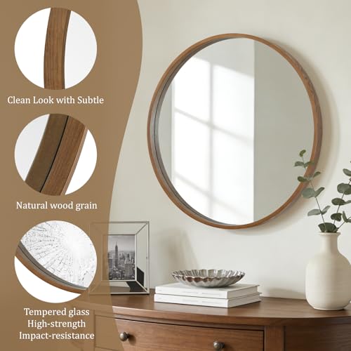 WallBeyond Circle Mirror with Wood Frame, 28" Round Modern Decoration Large Home Decor Mirror for Bathroom Living Room Bedroom Entryway (28" Diameter, Walnut) - color: Walnut, size: 28"L x 28"W