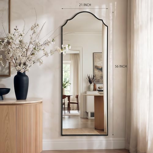 Besdomus Scalloped Full Length Mirror: 21"x56" Black Arched Floor Mirror - Minimalist Modern Wooden Frame Long Body Standing for Wall/Bedroom/Cloakroom/Entryway/Living Room - Home Decor for Housewife - color: Black, size: 56"L x 21"W