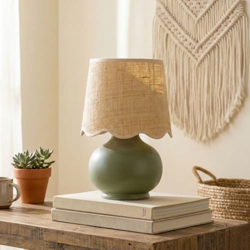 Benton Ceramic Table Lamp with Fabric Shade – 13" Bedside Accent Lamp for Bedroom, Living Room & Nightstand (Green) - color: Green
