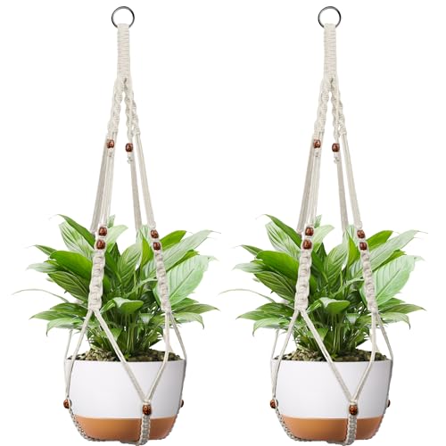 Macrame Plant Hanger - Fits 6-15 Inch Pots, Hanging Planter Holder for Indoor Outdoor, Cotton Rope Boho Home Decor, 43 Inch, Set of 2, Ivory - color: Ivory, size: 43+43in