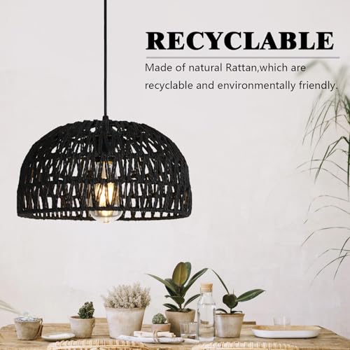 HuisMier Rattan Hanging Lamp Plug in Pendant Light, 15 Ft Hanging lamp with Wicker Woven Basket Lampshade, Dimmable Boho Hanging Lamp for Dining Room Living Room Bedroom, Black - color: Rattan Black