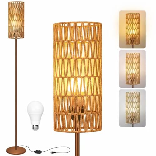 Ruiever Floor Lamp for Living Room,Farmhouse Floor lamp,Modern Standing lamp with Hand-Worked Rattan Shade (Brown Body with 3 Color Bulb) - style: Brown Body with 3 Color Bulb