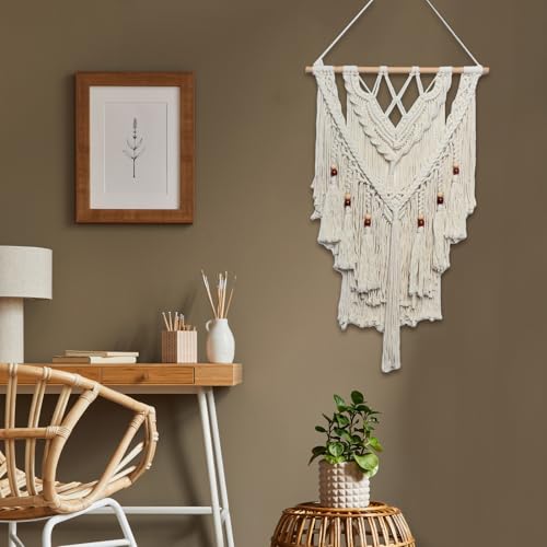 JONKASIPA Macrame Woven Wall Hanging, Bohemian Wall Decor Chic Woven Tapestry Handmade Crafts Tassel Lace Hanging Home Decor Perfect for Bedroom Living Room Apartment (Beige) - color: White Fringe