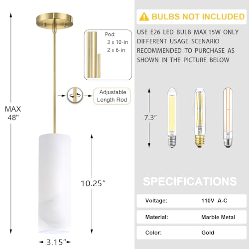 1 Light Hanging Natural Alabaster Marble 3 Pack Pendant Ceiling Light Fixture,Modern Industrial Farmhouse Kitchen Island Light Gold Finish Over Sink Restaurant bar Corridor - color: Gold 3.2" Marble, size: 3 Pack