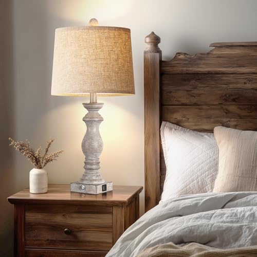24.5" Table Lamp Set of 2, Rustic Farmhouse Bedside Lamps with USB A+C Charging Ports, 3-Way Dimmable Touch Control Nightstand Lamps for Living Room Bedroom, Antique Grey White, LED Bulbs Included - color: Antique Grey White
