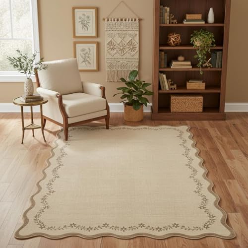 GarveeHome 6x9 Scalloped Area Rug Brown Washable Rugs for Living Room Bedroom, Soft Low Pile Non Slip Accent Floor Mat Solid Floral Print Throw Rug Farmhouse Indoor Carpet for Dorm Playroom - color: Jute, size: 6' x 9' (Rectangular)