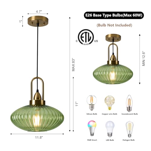 12 Inch Green Pendant Lights Vintage Chandelier Pendant Lighting Modern Mid Century Hanging Lights Adjustable Kitchen Island Light for Dining Room Bedroom Hallway - color: 12 Inch Green