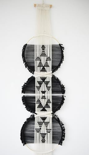 Flber Macrame Wall Hanging black and white Boho Wall Decor Art Living room wall art Round Handmade Geometric Lines Home Décor 11.8W x 65L - color: Black1