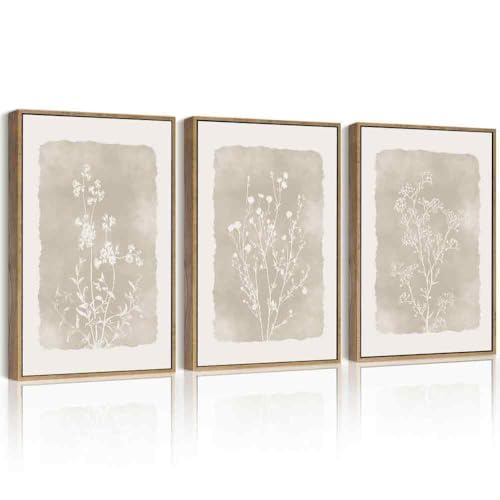 Drsoum Botanical Flower Wall Art Framed Vintage Floral Wall Prints Wildflower Neutral Rustic Bohemain Artwork Farmhouse Bedroom Ready to Hang 11x14in Natural Framed - color: Beige Botanical Floral, size: 14L" x 11W", Natural Framed
