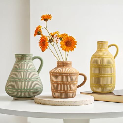 Boho Ceramic Vase Set of 3 for Living Room Bedroom Modern Yellow Brown Green Fake Flower Plant Vases for Home Decor Office Centerpieces Antique Retro Rustic Farmhouse Vintage Classic Gift - color: Multicolor