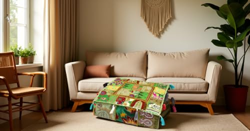 CRAFT KALA Indian Square Patchwork Traditional Pouf Cover Indian Living Room Poufs Decorative Embroidered Designer Ottoman Home Living Footstool Chair Cover Decor Pillow Cover 18x18x5 inches, Green - color: Green, size: 18"D x 18"W x 5"H