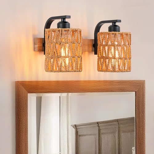 Bathroom Vanity Light Fixtures,2-Light Rattan Bathroom Lighting Fixtures Over Mirror,Farmhouse Wall Sconces Boho Woven Lampshade,Rustic Wall Mounted Wooden Base Wall Light for Bedroom Hallway Stairs - color: 2light-Cylinder shade