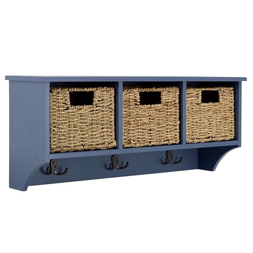 SAFAVIEH Home Collection - Finley Blue Wall Mounted 3-Basket Storage Rack with Hooks & Seagrass Baskets (HAC5700F) - color: Blue