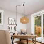 Rattan Plug in Pendant Light Boho Hanging Lights with Plug in Cord,Farmhouse Pulley Pendant Light with On Off Switch for Bedroom Living Room.