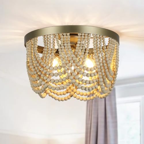 Bohemia Wood Beaded Chandelier, 3-Light Boho Light Fixture, 12.6inch Boho Chandelier Flush Mount Ceiling Light Fixtures for Dining Room, Bedroom, Living Room, Nursery, Girl Room, Hallway and Entryway - color: Natural-12.6INCH