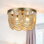 Bohemia Wood Beaded Chandelier, 3-Light Boho Light Fixture, 12.6inch Boho Chandelier Flush Mount Ceiling Light Fixtures for Dining Room, Bedroom, Living Room, Nursery, Girl Room, Hallway and Entryway - color: Natural-12.6INCH