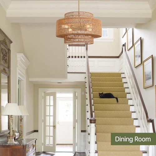 4-Light Boho Rattan Chandelier Light Fixture, 17.7” Hand Woven Rustic Chandeliers Farmhouse Chandelier Hanging Light for Dining Room Kitchen Island, Living Room, Foyer - color: Brown, size: 17.7" 4-Light
