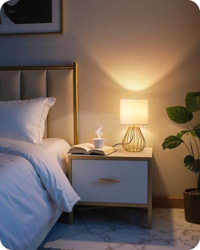 Gold Table Lamp, Small Gold Bedside Lamp with Metal Base & White Linen Lampshade, Modern Nightstand Lamp, Little Cute Desk Lamp for Bedroom, Living Room, 2700K LED Bulb Included, DCW06TL05 - color: White + Gold