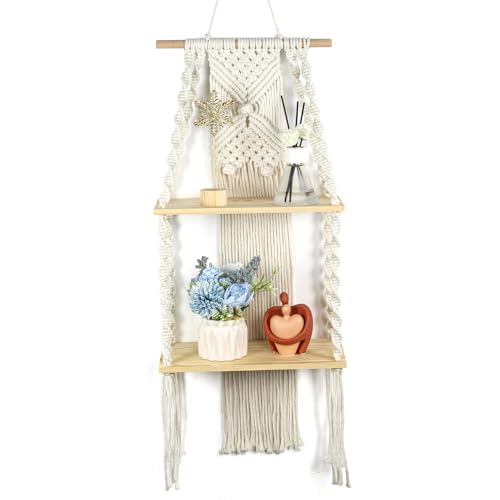 JONKASIPA Macrame Wall Hanging Shelf 2 Tier Boho Wall Plant Hanger Shelves Handmade of Woven Rope Artistic Wall Decorations for Apartments, Dormitories, Living Rooms, Bedrooms, Backdrops - color: 2 Tier - Beige