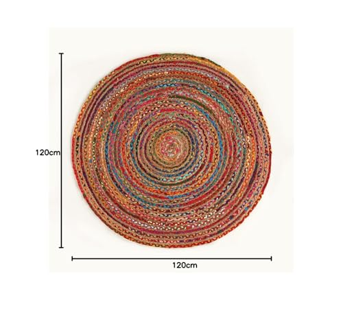 GRUHUM Handwoven 10'feet Jute Cotton Round Area Rug Natural Multi Chindi Boho Colorful Rustic Vintage Soft Braided Reversible Bohemian Rug Indoor EcoFriendly Kitchen Bedroom Living Room 10' ft Circle - color: Multi Color- 06, size: 10' (Round)