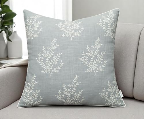 VAGMINE Embroidered Fern Botanical 18x18 Throw Pillow Cover - Blue Grey Cotton Square Cushion for Sofa Couch Bed - Cottagecore Farmhouse Home Decor - Leaves - color: Robins Egg-leaves, size: 18" x 18" (Pack of 1)