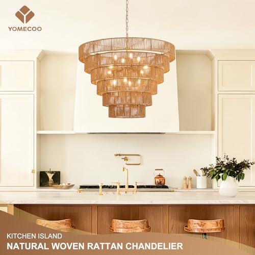 31.49" Large Rattan Gold Chandelier for Dining Room, Farmhouse 12-Lights Boho Hand-Woven Bamboo Chandelier, Drum Wicker Golden Chandeliers for Kitchen Island, Living Room, Bedroom - color: Gold 31IN