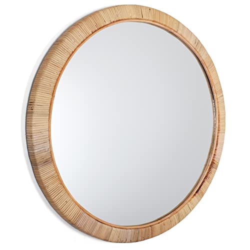 Rutledge & King Round Rattan Mirror - Boho Decorative Wall Mirror - 30" Dia. - color: Seaside - Extra Large
