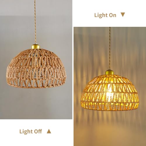 Bohemian-style woven pendant light, adjustable, Woven Hanging Lighting ,11.5"featuring a woven shade and E26 socket. Ideal for kitchen islands, farmhouses, bedrooms, and living rooms. (Bulb not ) - color: 11.5”hemispherical shaped