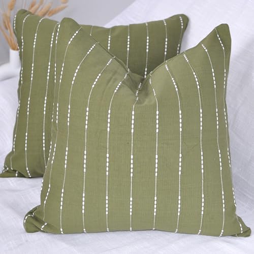 Green Pillow Covers 20x20 Cotton Woven Striped Pattern Contemporary Cushion Covers Simple Modern Farmhouse Style Throw Pillow Cases for Living Room Sofa, Couch, Bed, Set of 2 - color: Olive Green, size: 20" x 20" (Pack of 2)