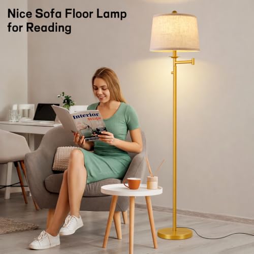 Ruiever Dimmer LED Floor Lamp,Tall Standing Lamp with Swing Arm,Gold Lamp with Dimmer LED Bulb,Elegant Floor Lamp for Living Rooms & Bedroom (Gold) - color: Gold