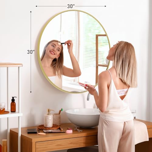 NEWBULIG 30IN Round Bathroom Wall Mirror, Modern Vanity Mirrors for Over Sink, HD Glass Decorative for Entryway, Bedroom & Living Room, Anti-Rust, Tempered Glass, Hanging or Leaning, Gold - color: Gold, size: 30"L x 30"W