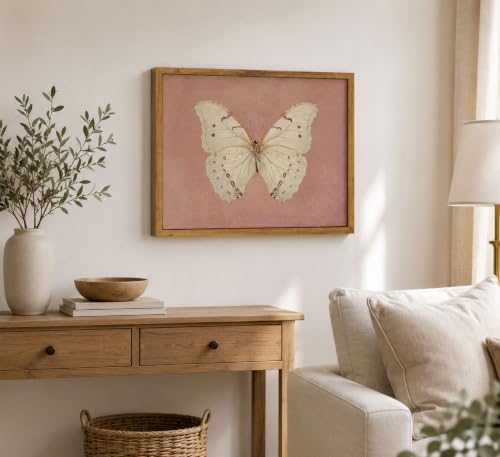 Framed Vintage Butterfly Canvas Wall Art Antique White Moth Picture Pink Aesthetic Poster Print Neutral Moody Insect Painting Farmhouse Wall Decor for Living Room Bedroom Dorm Office 8x10in - color: Butterfly, size: 10"L x 8"W