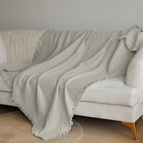 Simple&Opulence 100% Linen Throw Blanket 55x75 inches, Farmhouse Boho Tassel Blanket for Couch, Bed, Sofa, Breathable Natural Cozy Décor, Linen - color: Linen
