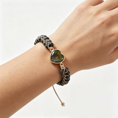 Women Boho Wrap Bracelet,Handmade Natural Stone Crystal Emperor Beads Heart Bracelet, Fashion Bohemian Jewelry Gift for Women - color: Gray
