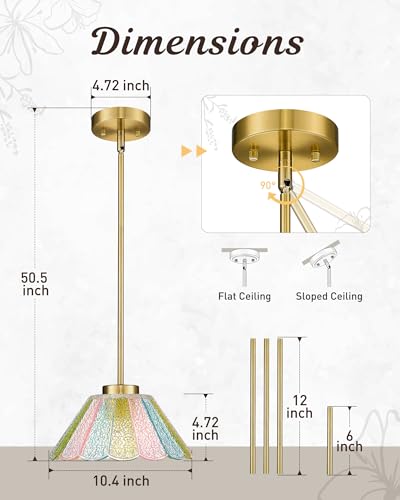 Gold Pendant Light, HWH 10.4-inch Hanging Light Fixture for Living Room, Dining Room, Bedroom, Pendant Lights Kitchen Island with Colored Floral Glass, Gold Finish, 5HJX110MIL BG-C - color: Gold+Colored Floral Glass