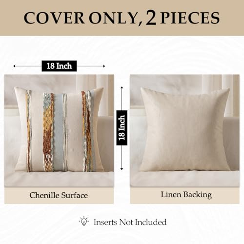 ANRODUO Pack of 2 Boho Decorative Throw Pillow Covers 18x18 Farmhouse Cushion Case Striped Chenille Pillow Cases Square Pillow Covers Accent Neutral Pillowcase for Sofa Couch Bed, Blue-Earth Tones - color: Blue-earth Tones, size: 18" x 18" (Pack of 2)