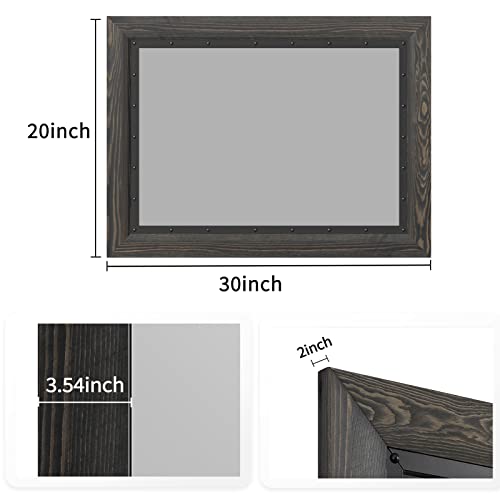 YOSHOOT Rustic Wooden Framed Wall Mirror, 30"x20", Natural Wood and Iron Bathroom Vanity Mirror for Farmhouse Decor, Vertical or Horizontal Hanging - color: Ebony, size: 30"L x 20"W