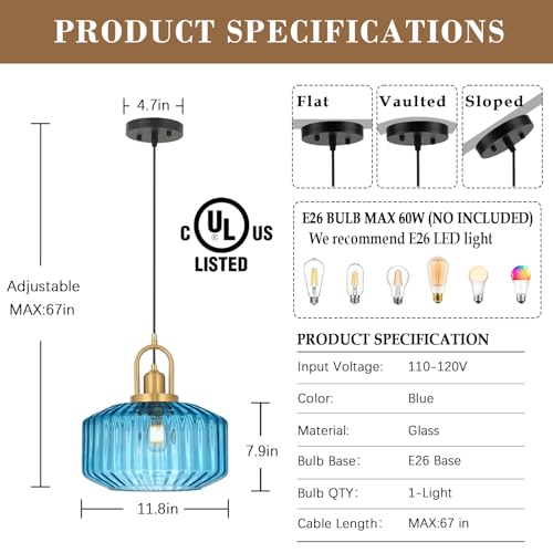11.8in Mid Century Modern Pendant Light, Gold Large Blue Glass | Vintage Lighting Fixture Ceiling Hanging Lamp for Kitchen Island Foyer Dining Room Bedroom Entryway Hallway Over Sink Table - color: Blue & Gold Hardwire, size: 11.8in