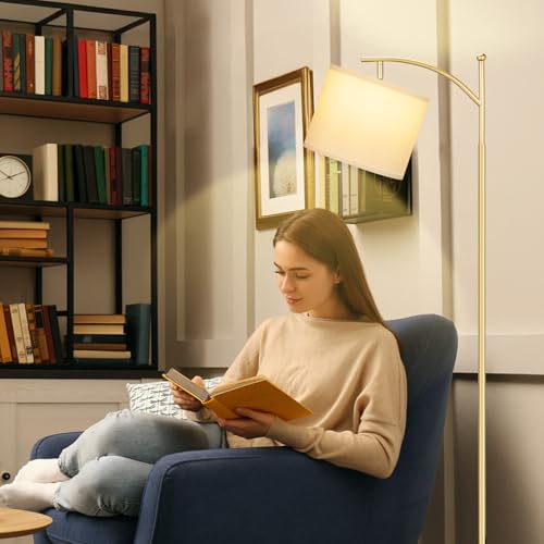 Ambimall 60" Floor Lamp for Living Room with 3 Color Temperatures, Adjustable White Shade with Gold Pole, Tall Lamp for Bedroom Office Classroom Dorm Room, 9W LED Bulb Included - color: White & Gold