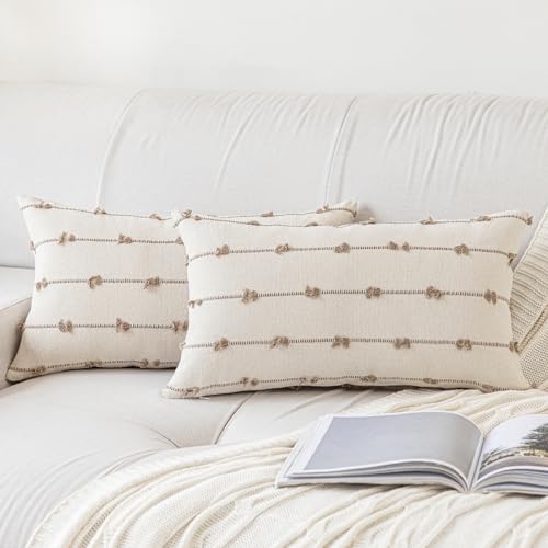 YEENAASY Boho Throw Pillow Covers 12x20 Set of 2 Modern Farmhouse Decorative Cushion Case Tufted Square Pillows Cover Neutral Pillow Cases Accent Pillowcase for Sofa,Couch,Bed,Beige and Khaki - color: Beige and Khaki, size: 20" x 12" (Pack of 2)